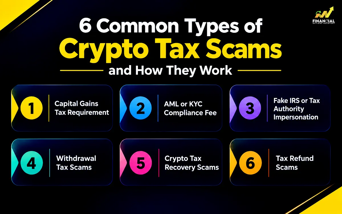 Infographic showing 6 common types of crypto tax scams and how fake tax fees and withdrawal traps work.
