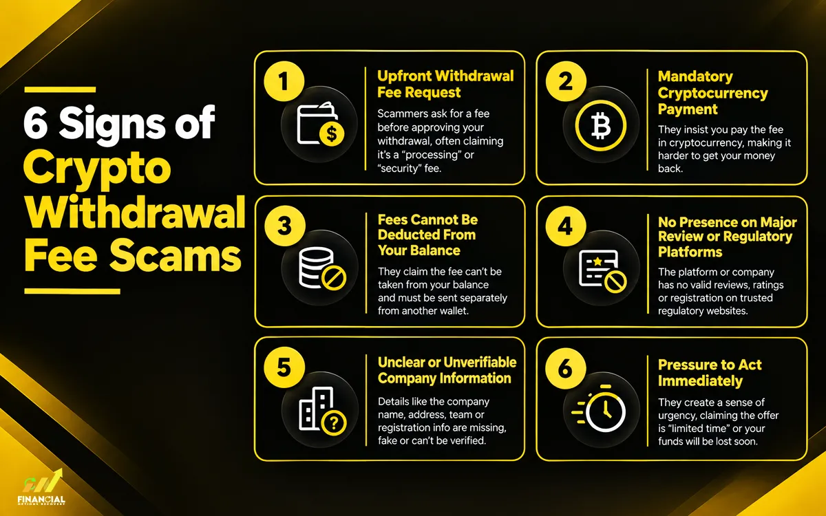 Infographic showing 6 signs of crypto withdrawal fee scams
