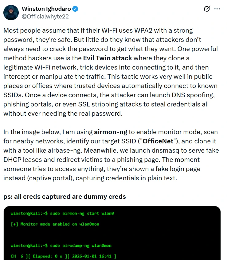 Screenshot of a social media post explaining Evil Twin WiFi attack warning for crypto users