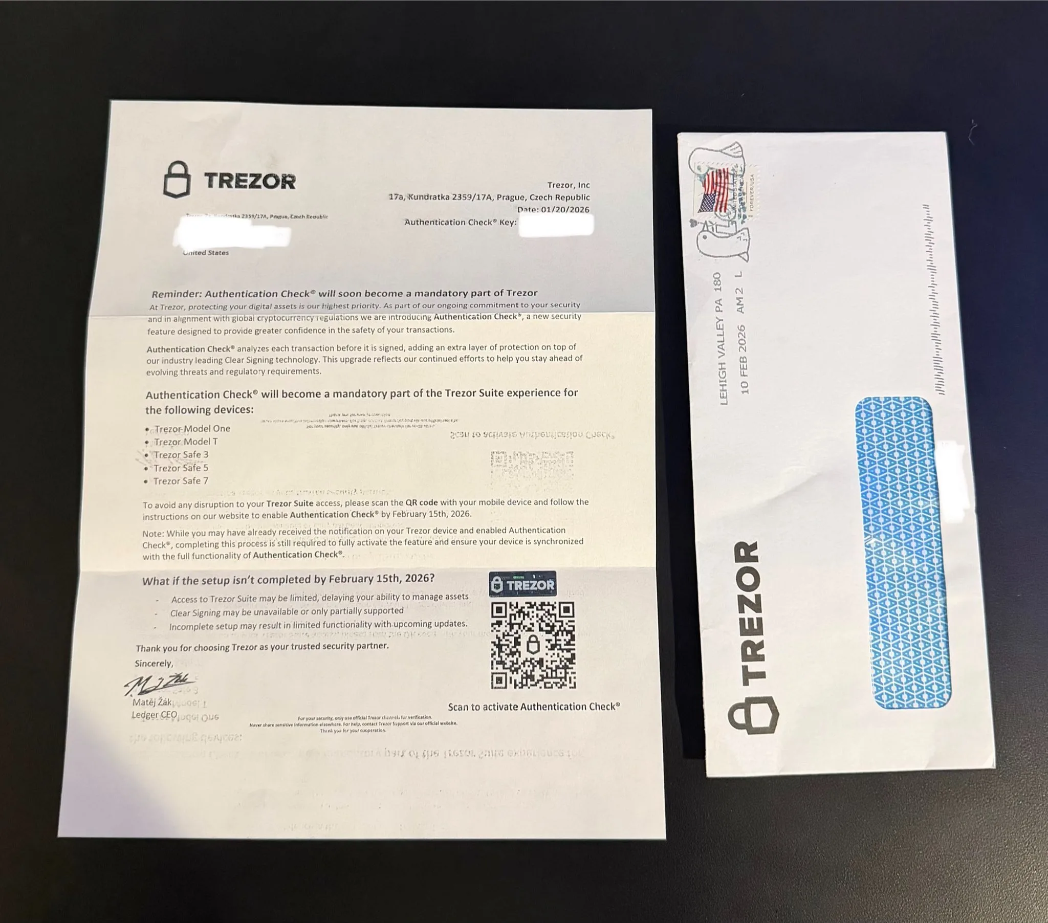 Image Showing Fake Trezor phishing letter with QR code sent by mail alongside