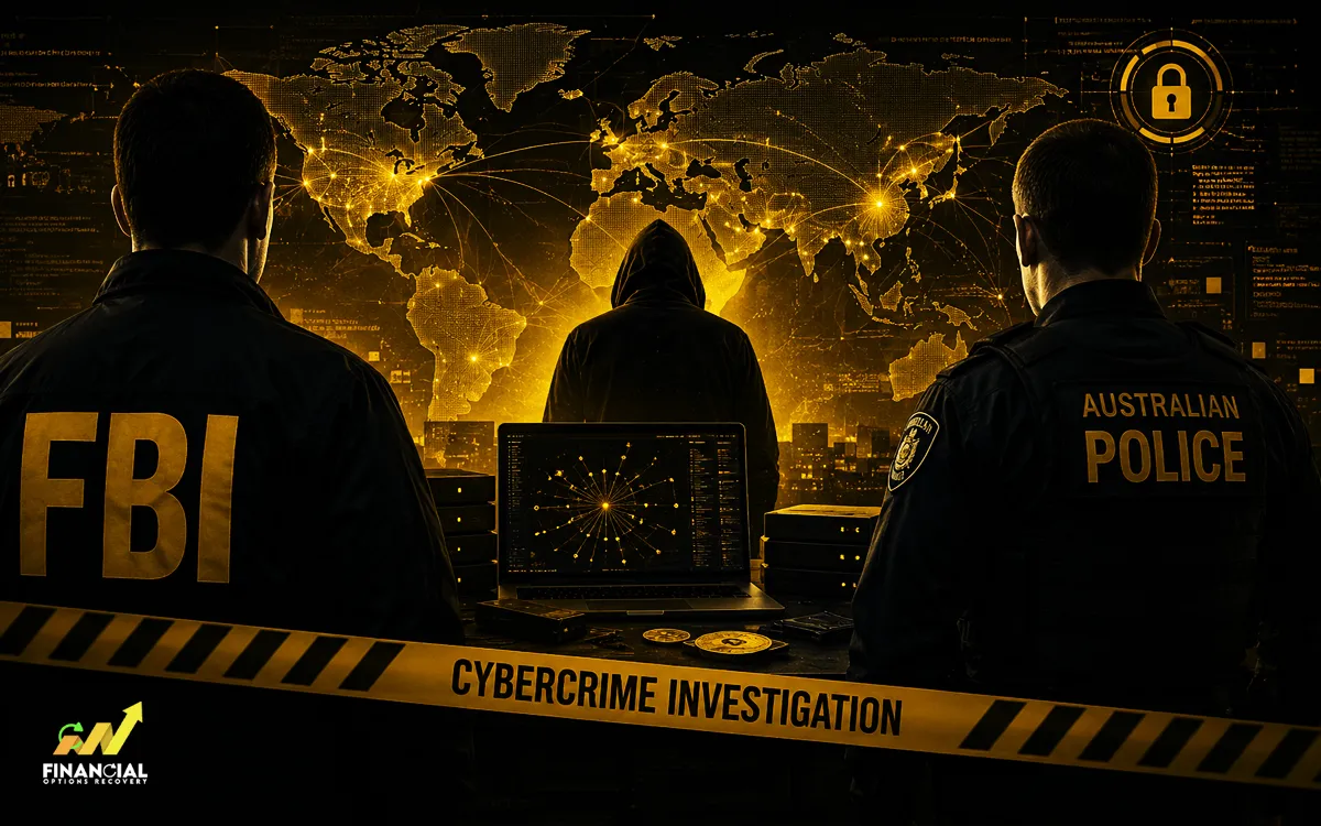 Infographic showing FBI and Australian police busting a global cybercrime syndicate