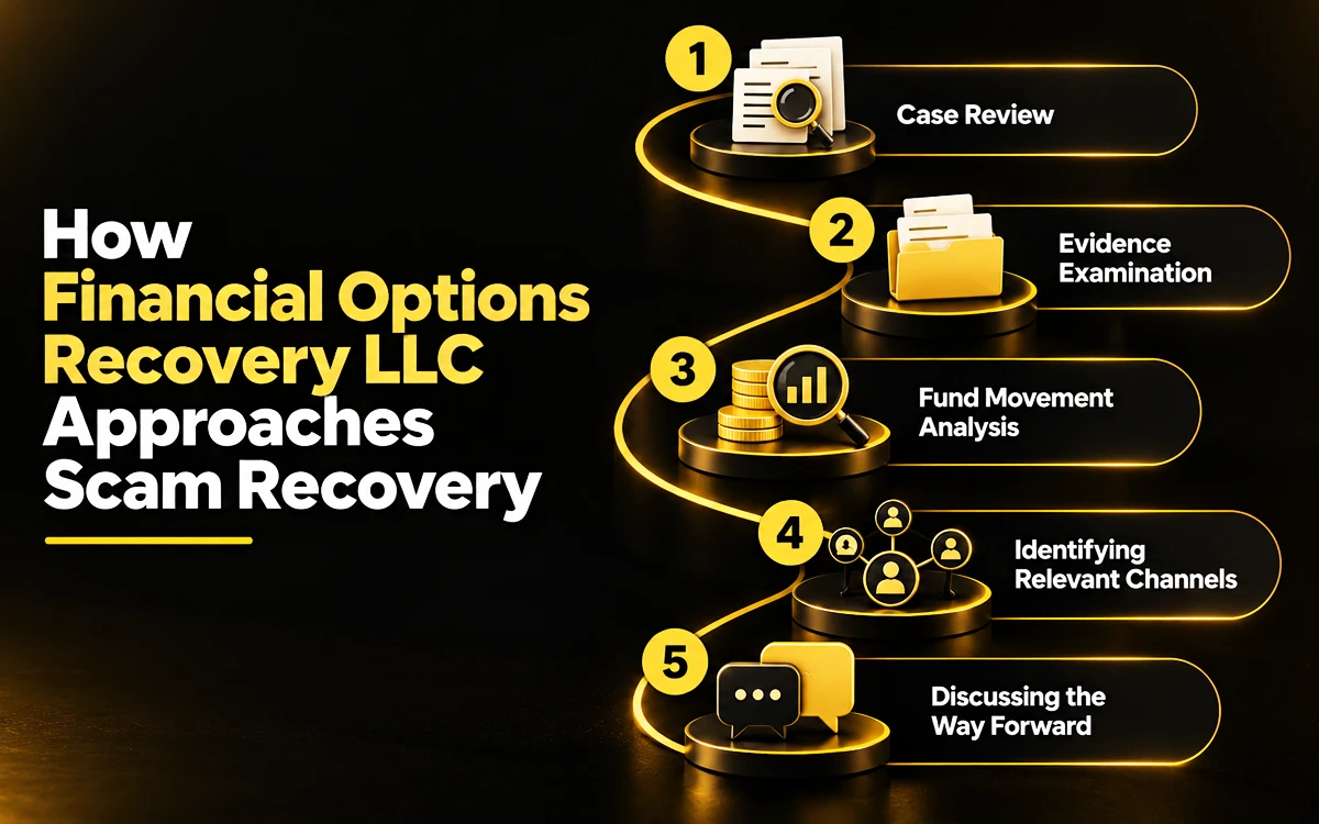 Infographic showing how Financial Options Recovery LLC approaches scam recovery and evaluates potential recovery options.