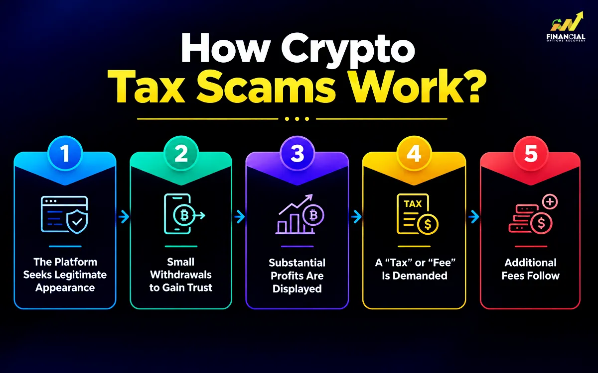 Infographic showing how crypto tax scams work and how scammers use fake tax fees to trap investors