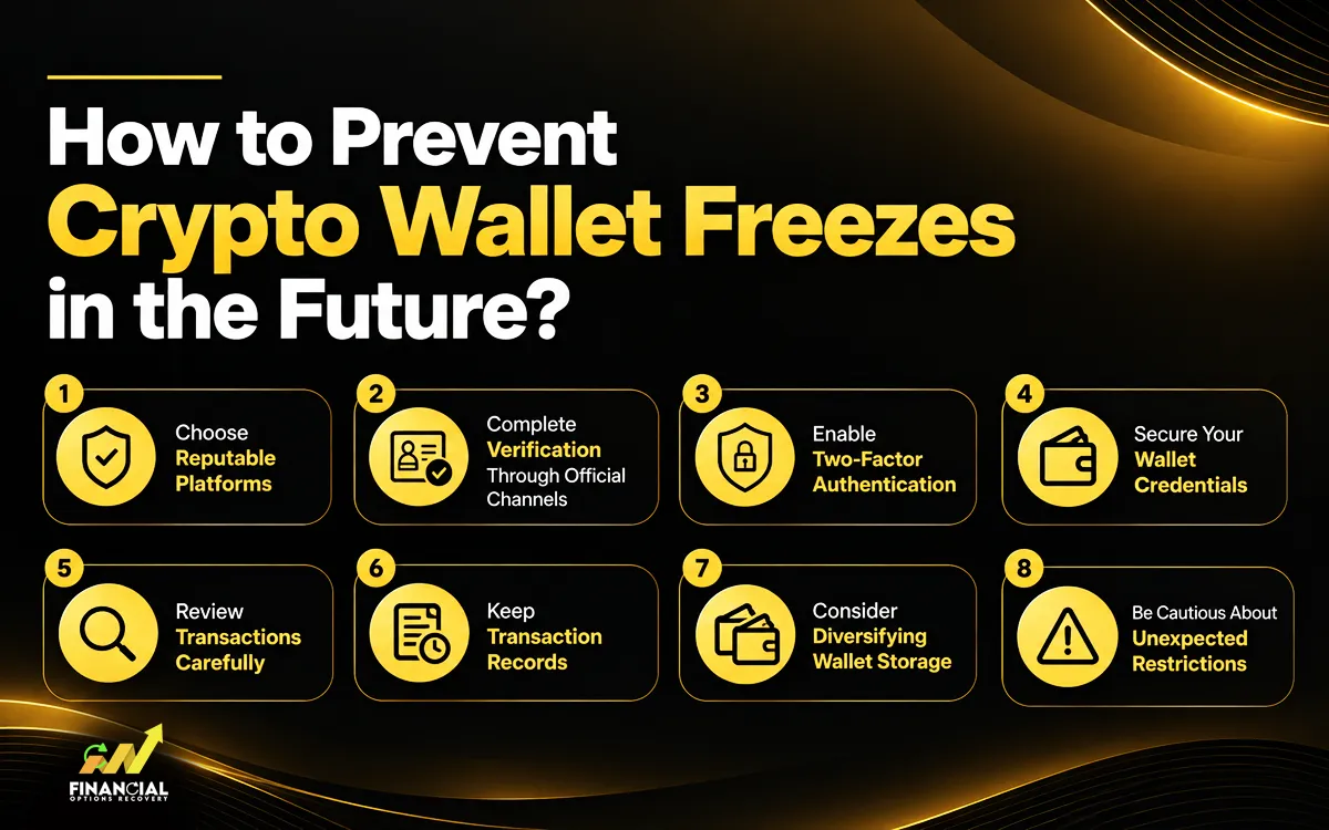 Infographic showing how to prevent crypto wallet freezes with security tips and safe transaction practices