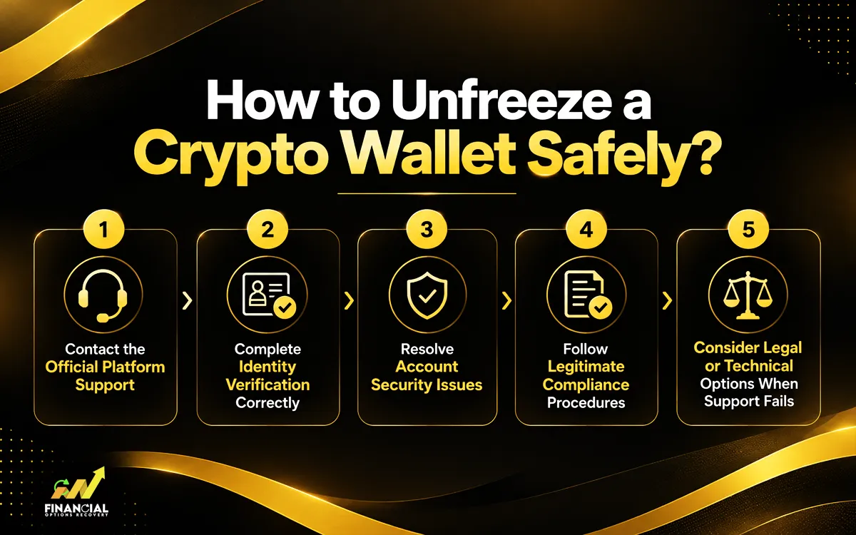Infographic showing how to unfreeze a crypto wallet safely and restore access to funds