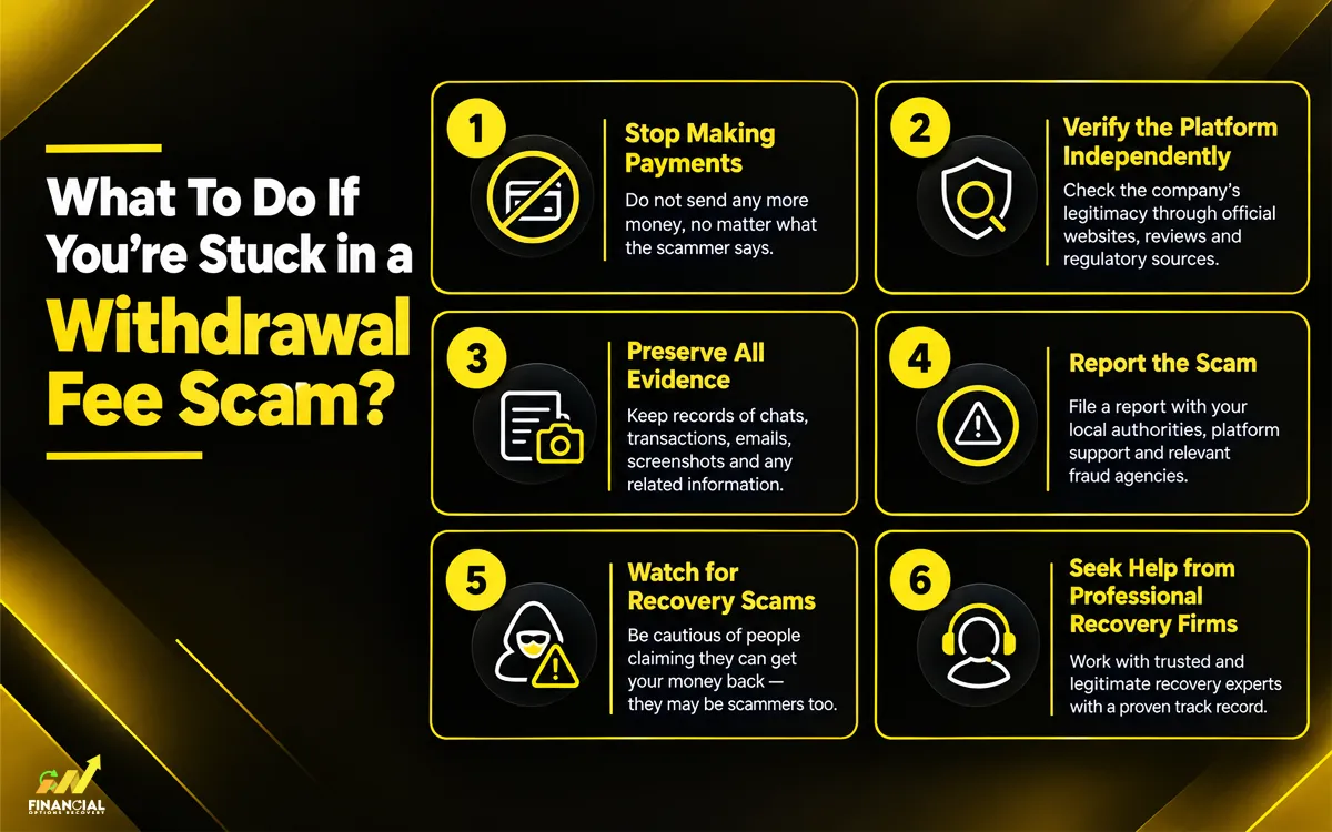 Infographic showing what to do if you're stuck in a withdrawal fee scam, including steps to stop payments and report it