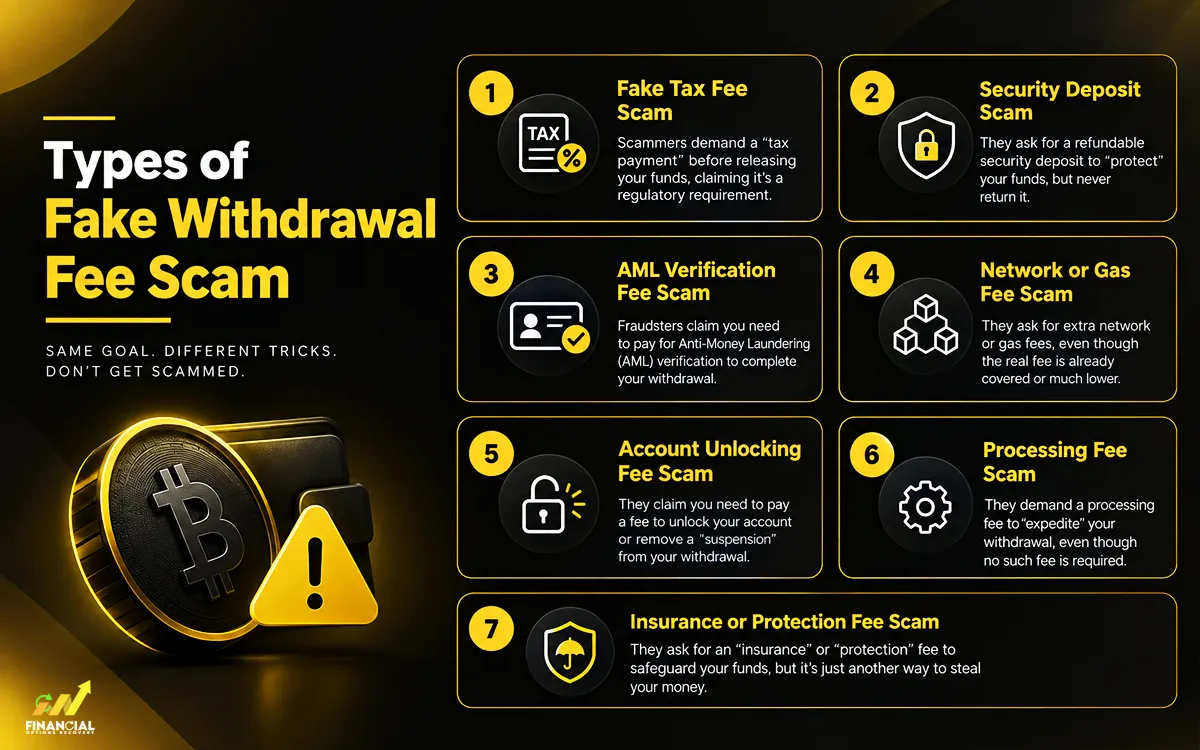 Infographic showing types of fake withdrawal fee scam