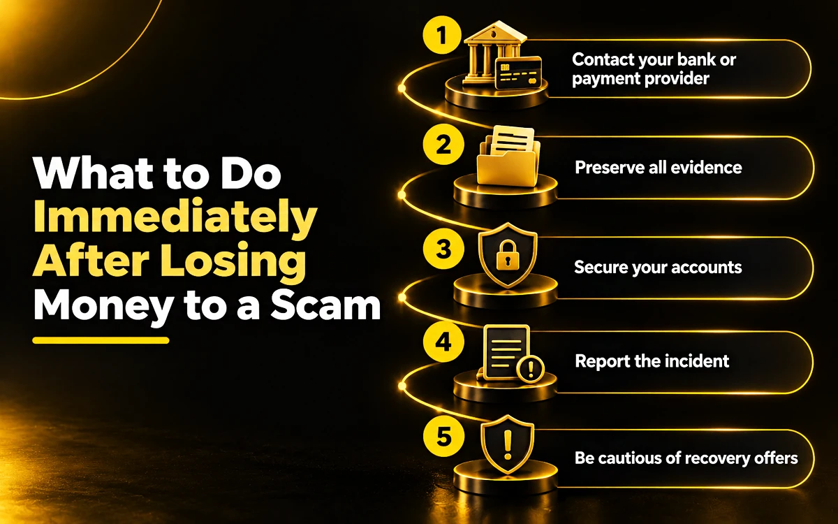 Infographic showing what to do immediately after losing money to a scam, including securing accounts, gathering evidence, and reporting the incident.