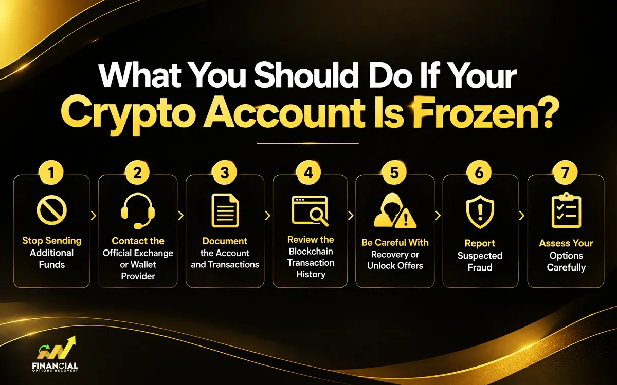 Infographic showing what to do if your crypto account is frozen and steps to restore access safely