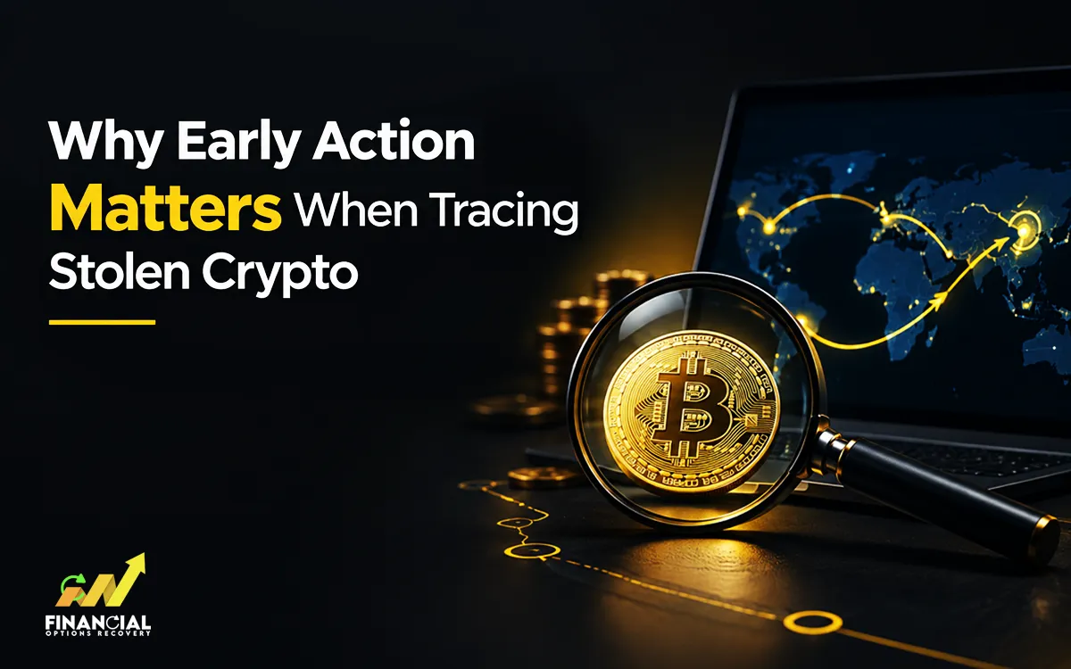 Infographic showing why early action matters when tracing stolen crypto and the steps involved in tracking and recovering lost cryptocurrency.
